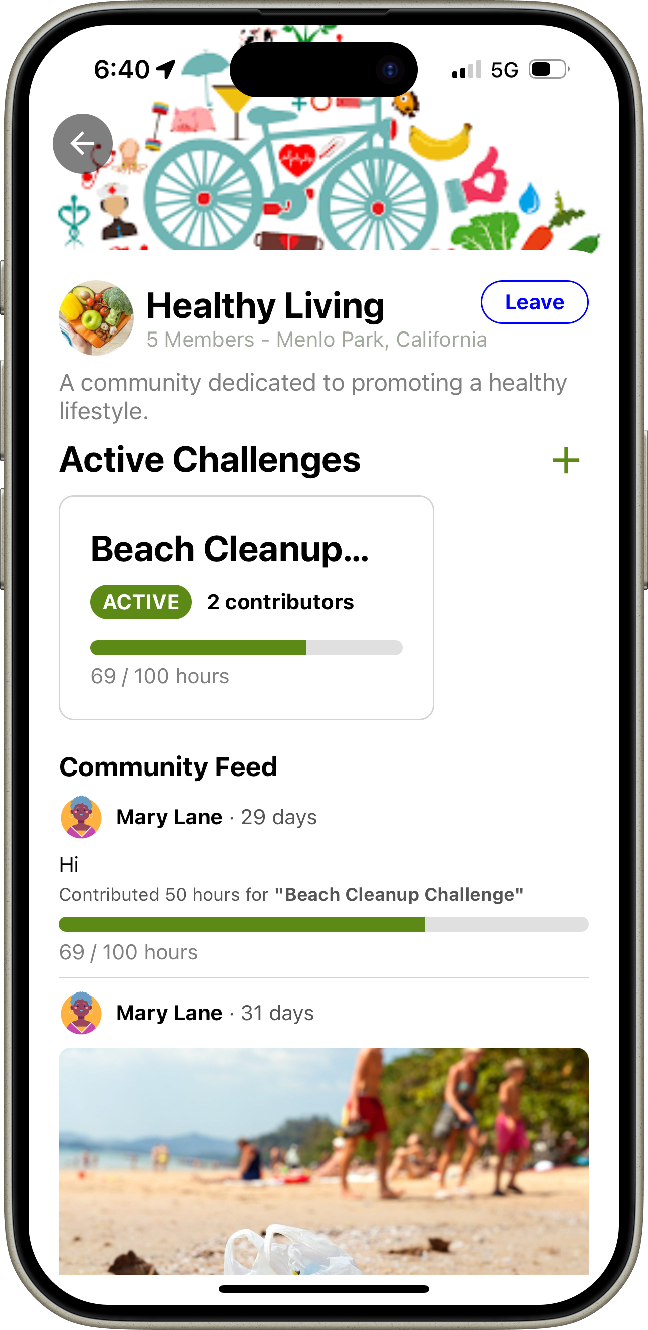 root community screen showing the Healthy Living community and associated user activities
